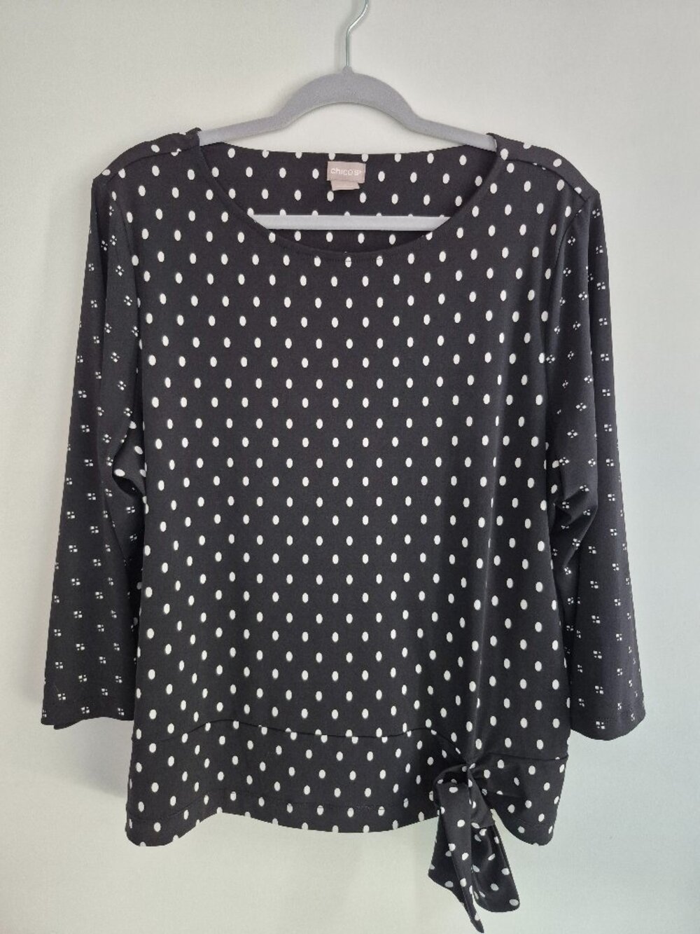 Chico’s Polka Dot Side‑Tie Blouse – Black/White – Size 3 (XL)